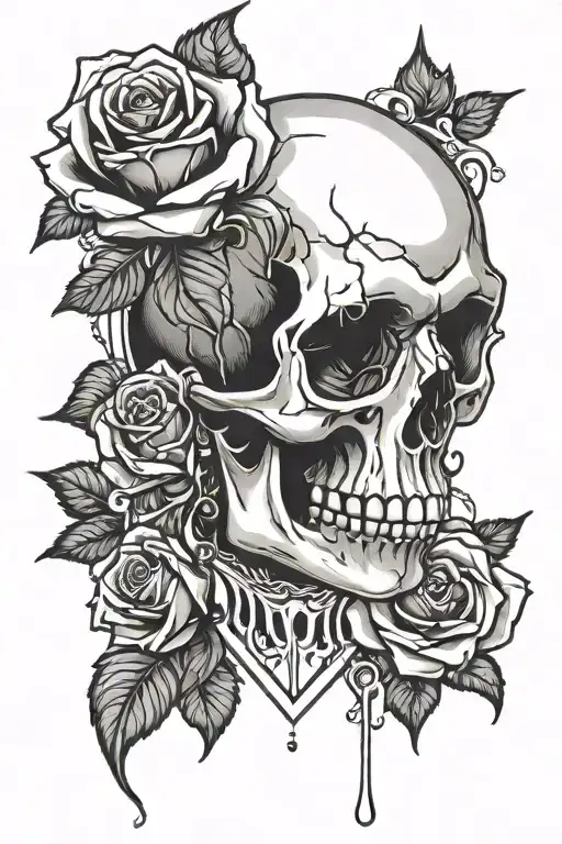 rose with skull and diamond frame dripping downwards tattoo design idea