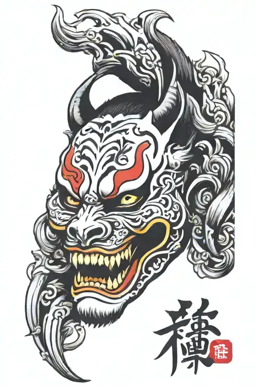 mask thats half demon half panda bear tattoo design idea