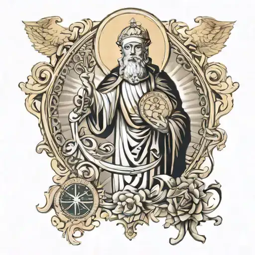 I want an overlapping tattoo with the images of the medal of Saint Benedict, Buddha, Jesus Christ, Mary and Saint George tattoo design idea