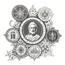 I want an overlapping tattoo with the images of the medal of Saint Benedict, Buddha, Jesus Christ, Mary and Saint George minimalist tattoo design idea
