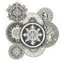 I want an overlapping tattoo with the images of the medal of Saint Benedict, Buddha, Jesus Christ, Mary and Saint George minimalist tattoo design idea