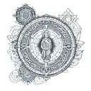 I want an overlapping tattoo with the images of the medal of Saint Benedict, Buddha, Jesus Christ, Mary and Saint George minimalist tattoo design idea