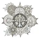 I want an overlapping tattoo with the images of the medal of Saint Benedict, Buddha, Jesus Christ, Mary and Saint George minimalist tattoo design idea