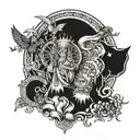 I want an overlapping tattoo with the images of the medal of Saint Benedict, Buddha, Jesus Christ, Mary and Saint George realistically tattoo design idea