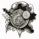 I want an overlapping tattoo with the images of the medal of Saint Benedict, Buddha, Jesus Christ, Mary and Saint George realistically tattoo design idea