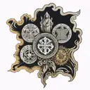 I want an overlapping tattoo with the images of the medal of Saint Benedict, Buddha, Jesus Christ, Mary and Saint George realistically tattoo design idea