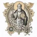 I want an overlapping tattoo with the images of the medal of Saint Benedict, Buddha, Jesus Christ, Mary and Saint George tattoo design idea