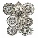 I want an overlapping tattoo with the images of the medal of Saint Benedict, Buddha, Jesus Christ, Mary and Saint George tattoo design idea