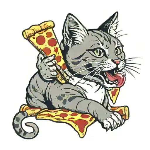 cat with pizza slice and glass of red wine tattoo design idea