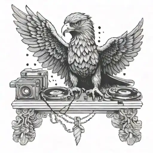 An eagle DJ mixing music in ancient Greece gods hands tattoo design idea