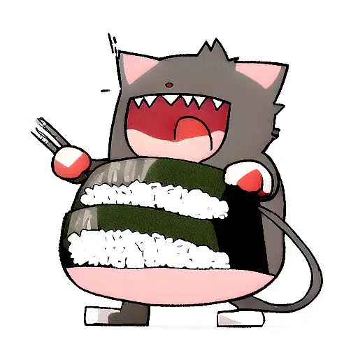 a big fat cat with a demonic laugh stabs sushi tattoo design idea