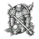 patchwork sleeve tattoo based on warhammer 40k iconography. bloodangels and iconography of the emperor tattoo design idea