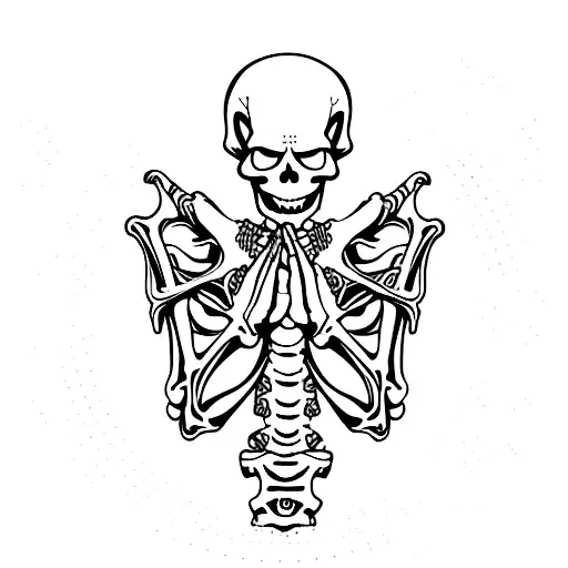 skeleton hands praying with text that says "heads down pray for me" tattoo design idea