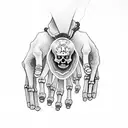 skeleton hands praying with rossry beads and text that says "heads down pray for me" tattoo design idea