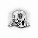 skeleton hands praying with rossry beads and text that says "heads down pray for me" tattoo design idea