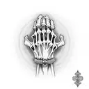 skeleton hands praying with rossry beads and text that says "heads down pray for me" tattoo design idea