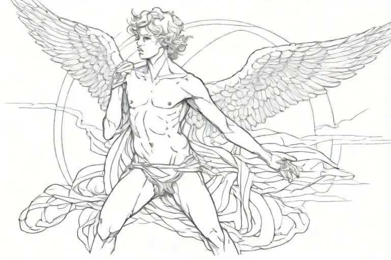 A 20-year-old nude, male blonde angel with a serene expression, reaching out to the sky tattoo design idea