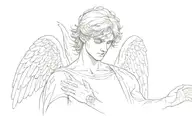 A 20-year-old male blonde angel with a serene expression, reaching out to his lover tattoo design idea