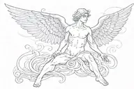 A 20-year-old nude, male blonde angel with a serene expression, reaching out to the sky tattoo design idea