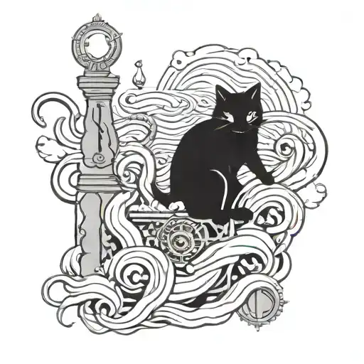 A caduceus symbol with swimming waves and a cat sitting on top, surrounded by medical instruments tattoo design idea