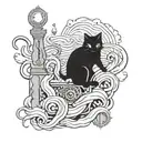 A caduceus symbol with swimming waves and a cat sitting on top, surrounded by medical instruments tattoo design idea