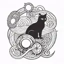 A caduceus symbol with swimming waves and a cat sitting on top, surrounded by medical instruments tattoo design idea