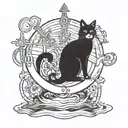 A caduceus symbol with swimming waves and a cat sitting on top, surrounded by medical instruments tattoo design idea