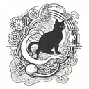 A caduceus symbol with swimming waves and a cat sitting on top, surrounded by medical instruments tattoo design idea