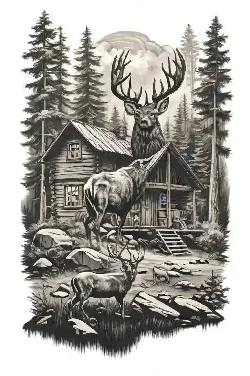 cabin in the woods with buck standing tattoo design idea