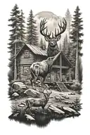 cabin in the woods with buck standing tattoo design idea