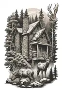 cabin in the woods with buck standing tattoo design idea