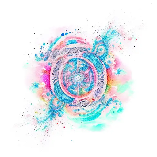 words: Everything happen for a reason in Japanese language, words are swirl. background is watercolor splash pink, blue  tattoo design idea