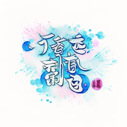 words: Everything happen for a reason in Japanese language, words are twirl. background is watercolor splash pink, blue  tattoo design idea