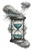 a hour glass with in the upper part a thunder storm and in the lower part a calm sea tattoo design idea