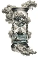 a hour glass with in the upper part a thunder storm and in the lower part a calm sea tattoo design idea