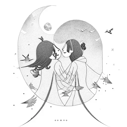 A lesbian couple embracing under a moonlit sky surrounded by flying birds tattoo design idea