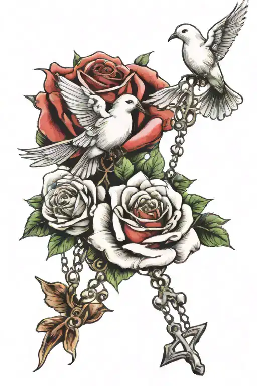 Roses, doves, rosary beads tattoo design idea