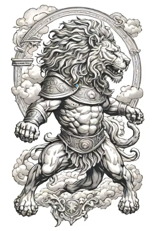 Roman gladiator fighting lion surrounded by clouds and colosseum  tattoo design idea