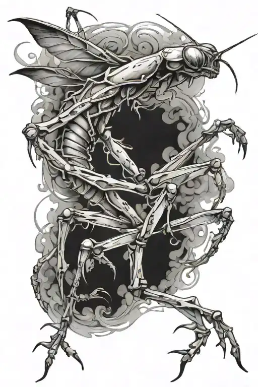 prying mantis fading into smoke tattoo design idea