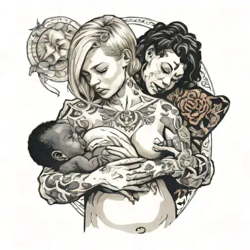 nude slim young european blonde teenage girl breastfeeding two black babies tattoo design idea