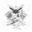 cross with throns with clouds and beams in background tattoo design idea