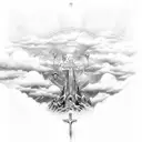 cross with throns with clouds and beams in background tattoo design idea