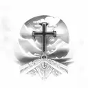 cross with throns with clouds and beams in background tattoo design idea