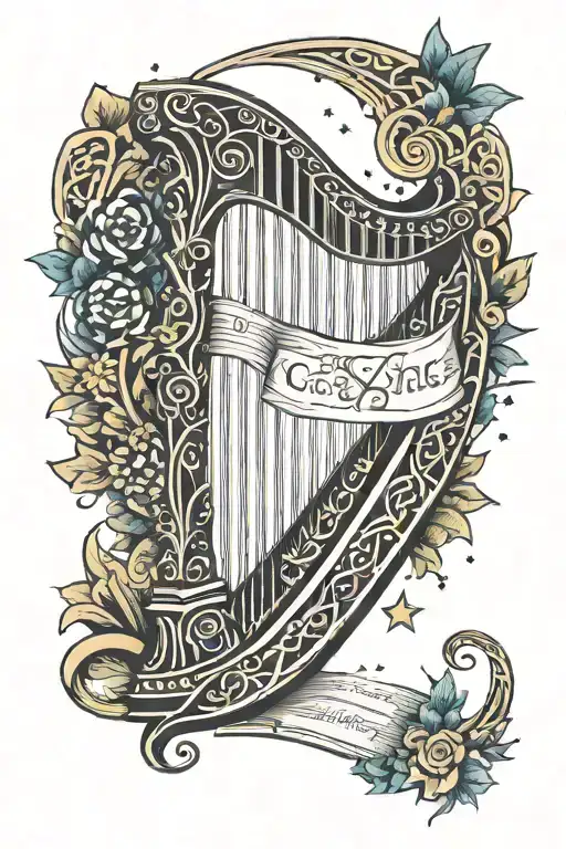 A Celtic Irish harp intertwined with a book and surrounded by stars tattoo design idea