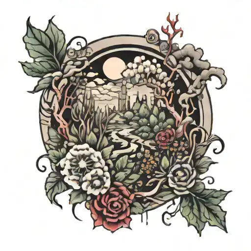 apocalypse garden scene tattoo design idea