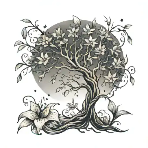 A tree of life tattoo with branches reaching towards the sky, symbolizing the client's connection to God and his goals, with lilies blooming at the roots to represent his wife tattoo design idea