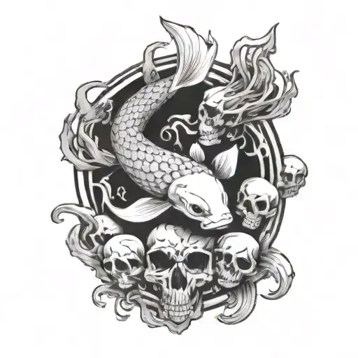 koi that looks like a death metal logo with skull and branches tattoo design idea
