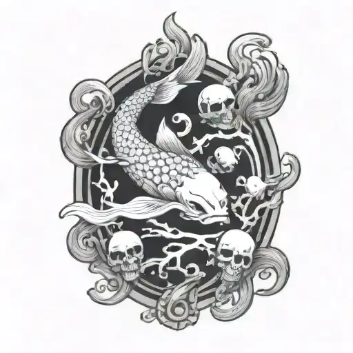 koi that looks like a death metal logo with skull and branches tattoo design idea
