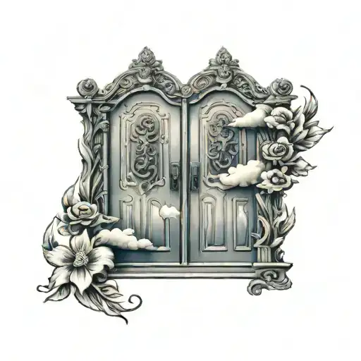A realistic tattoo of a double door open to heaven with detailed designs on door panels  tattoo design idea