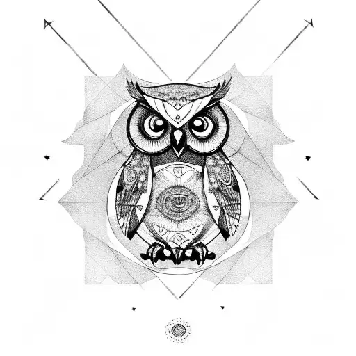 Owl with geometric lines and compass tattoo design idea